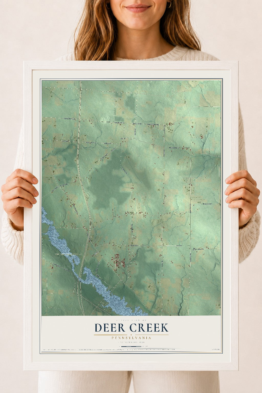 Map of Deer Creek, Pennsylvania, 18 x 24 inch print in a white wood frame