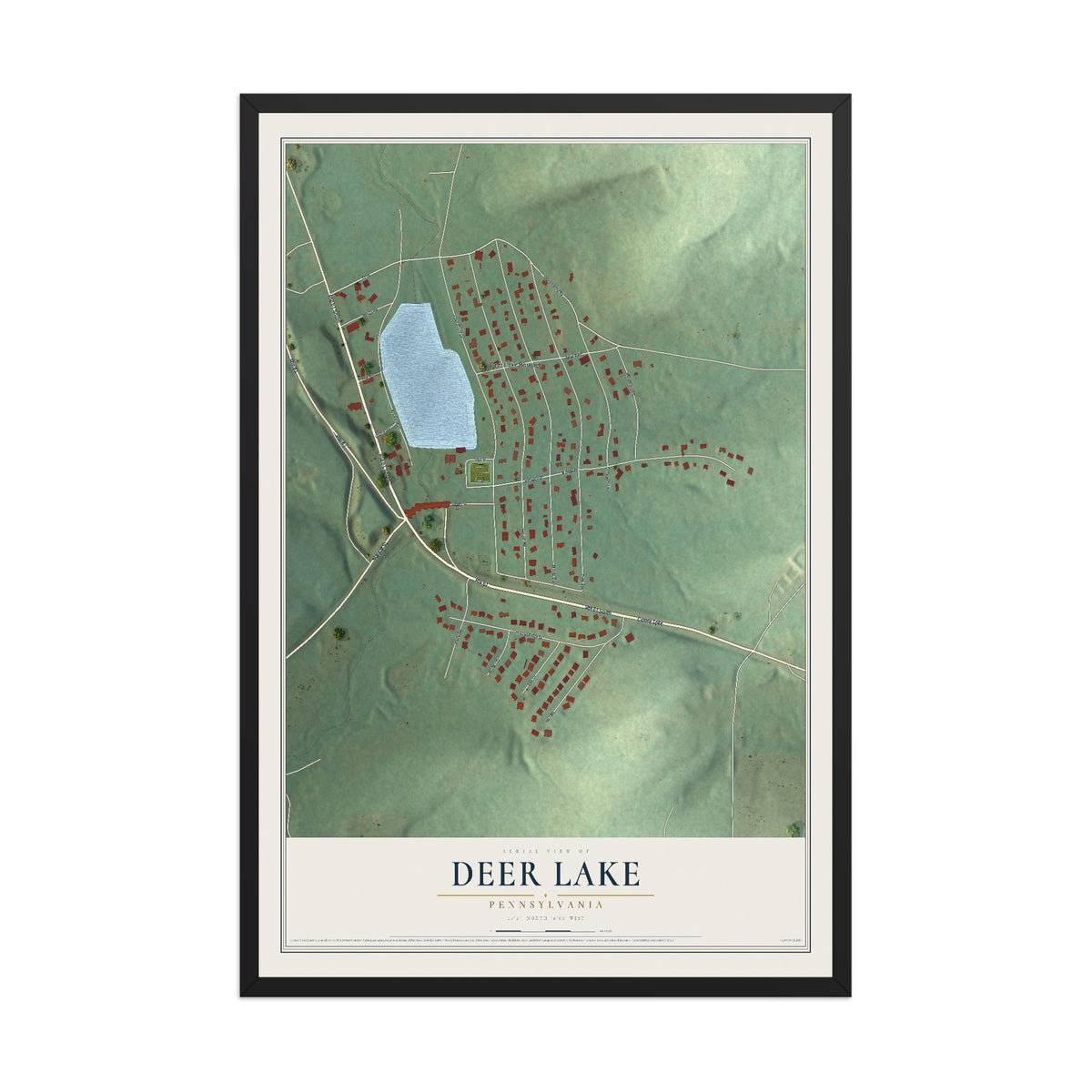 Map of Deer Lake, Pennsylvania, 12 x 18 inch print in a black wood frame