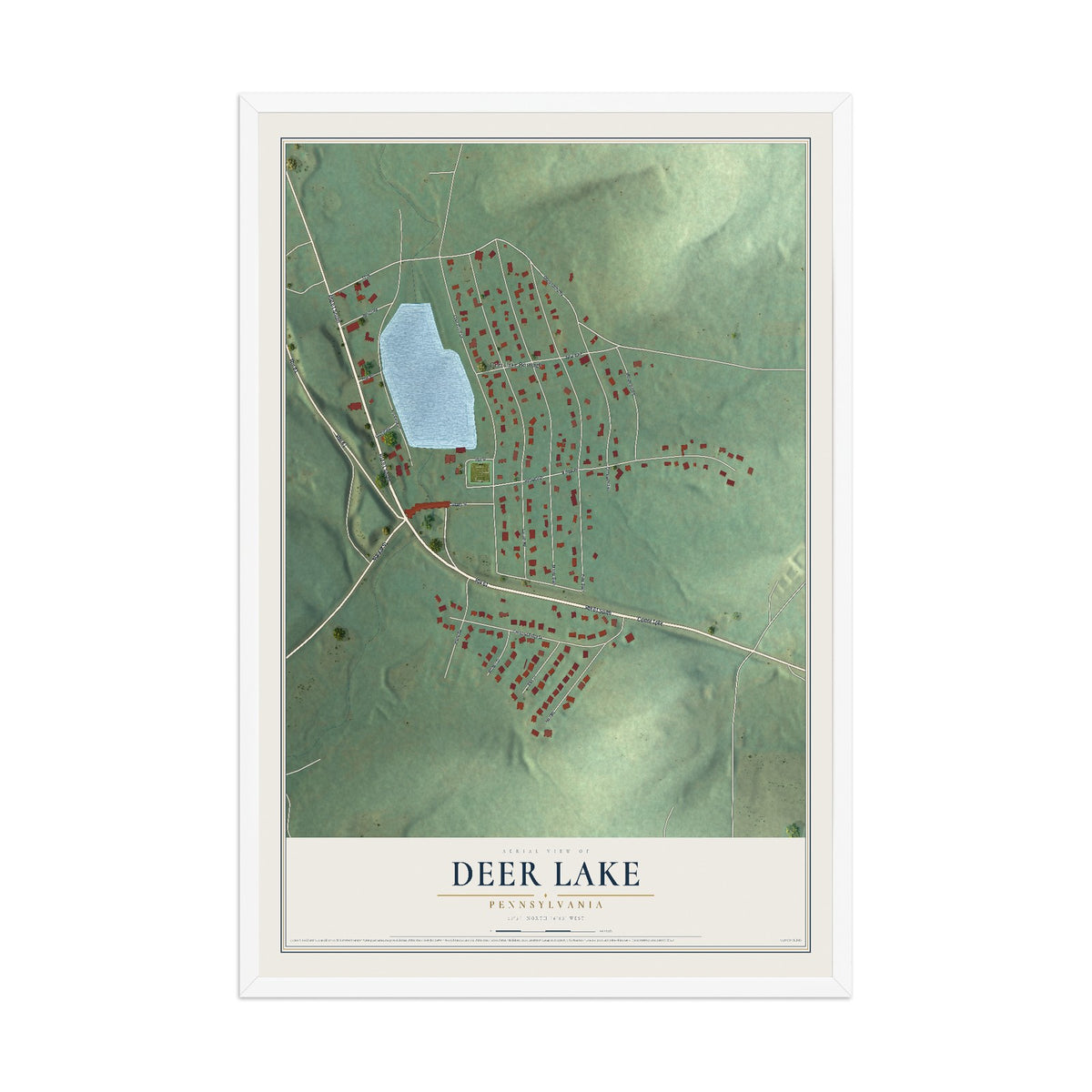 Map of Deer Lake, Pennsylvania, 12 x 18 inch print in a white wood frame