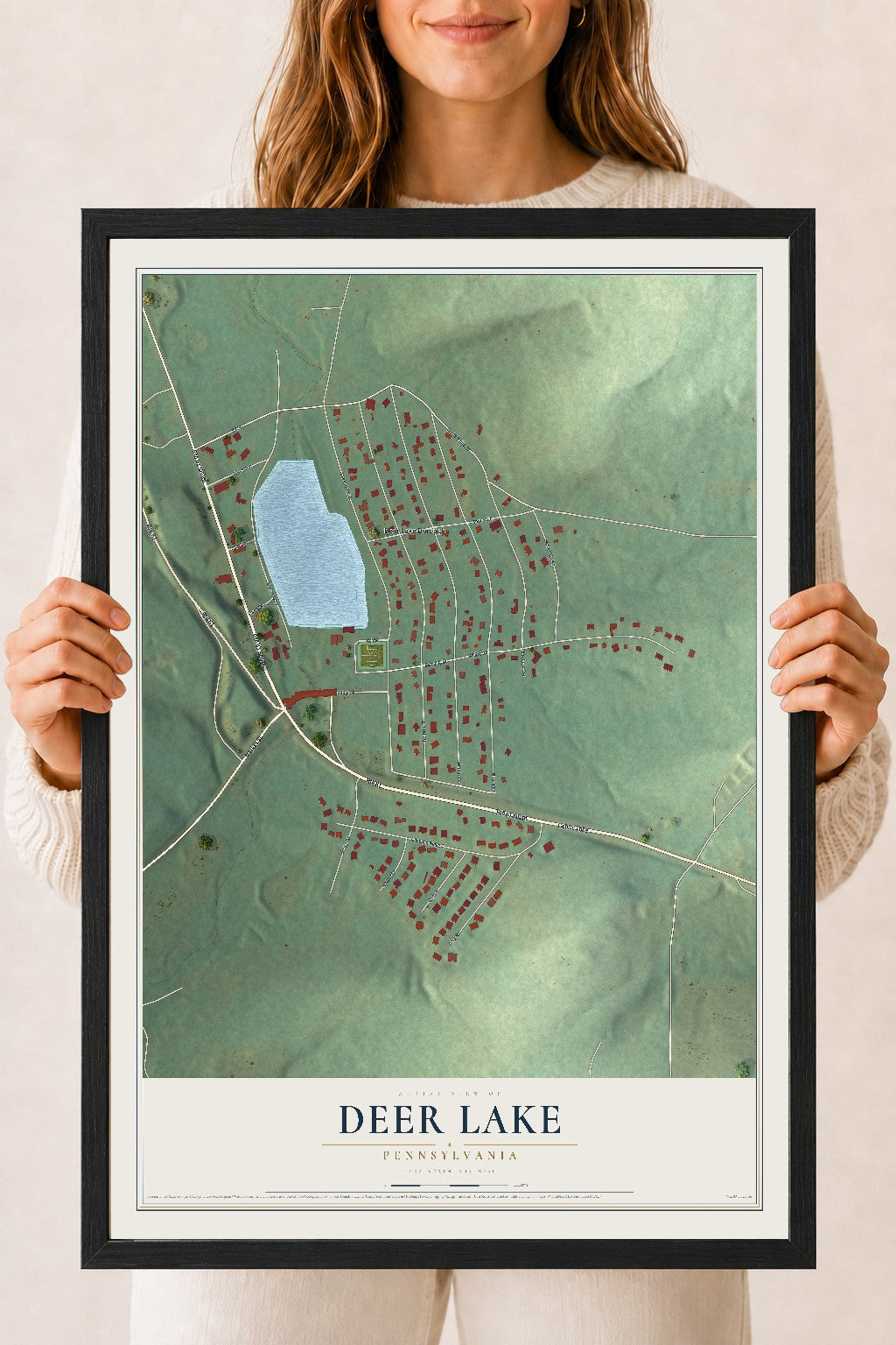 Map of Deer Lake, Pennsylvania, 18 x 24 inch print in a black wood frame