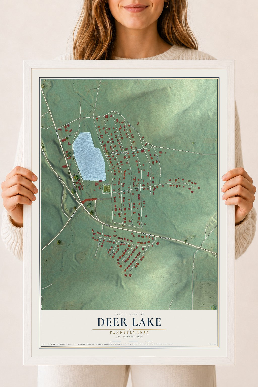 Map of Deer Lake, Pennsylvania, 18 x 24 inch print in a white wood frame