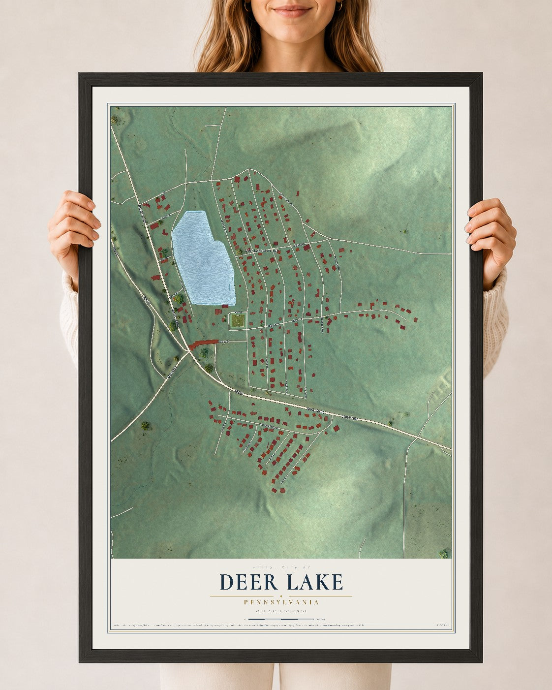 Map of Deer Lake, Pennsylvania, 24 x 36 inch print in a black wood frame