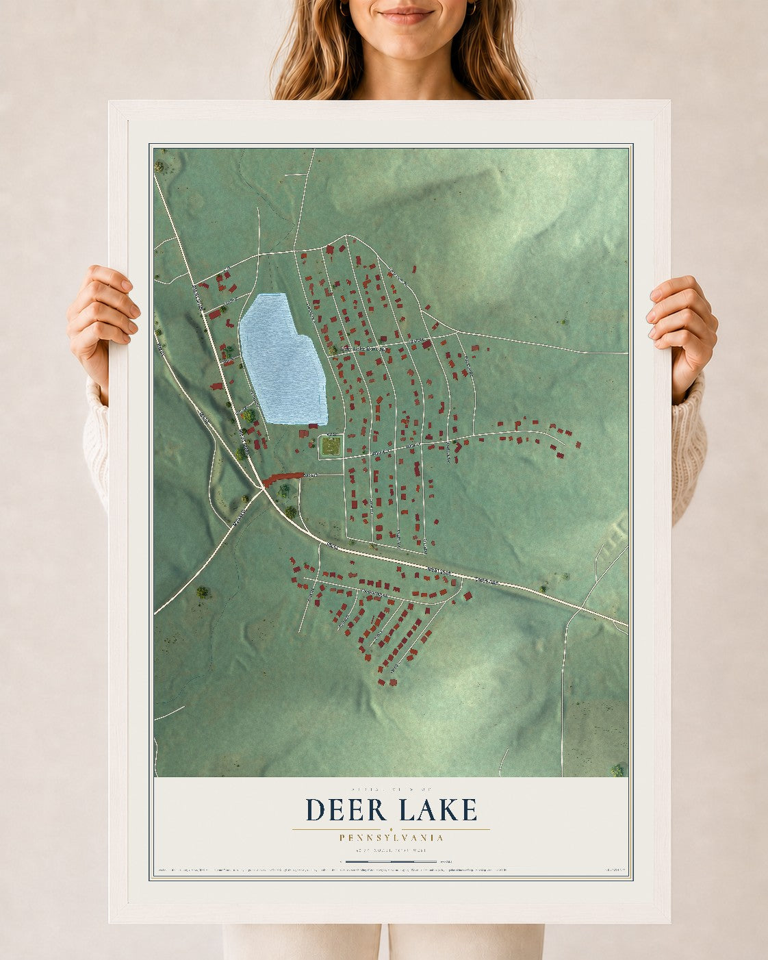 Map of Deer Lake, Pennsylvania, 24 x 36 inch print in a white wood frame