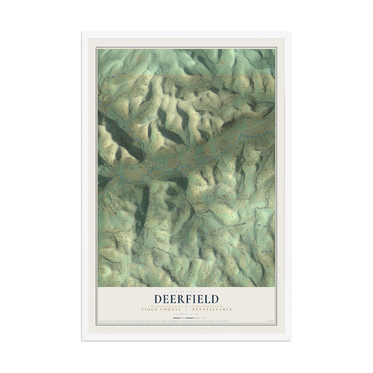 Map of Deerfield, Tioga County, Pennsylvania, 12 x 18 inch print in a white wood frame