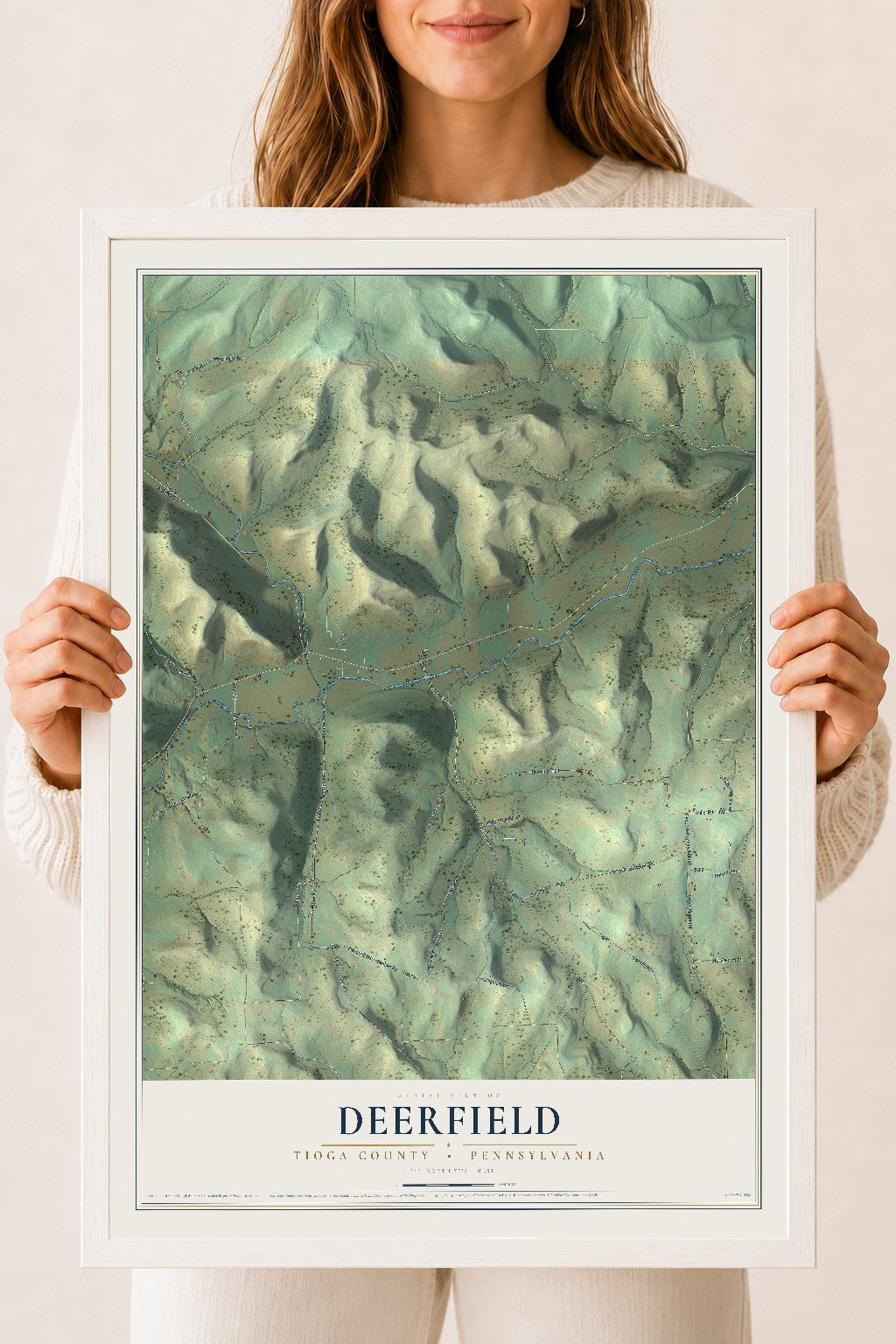 Map of Deerfield, Tioga County, Pennsylvania, 18 x 24 inch print in a white wood frame