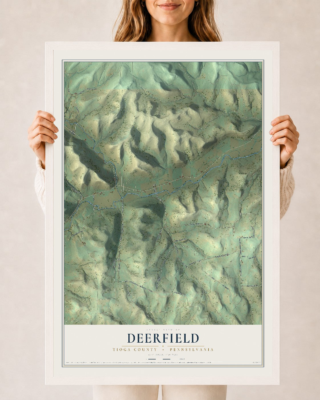 Map of Deerfield, Tioga County, Pennsylvania, 24 x 36 inch print in a white wood frame