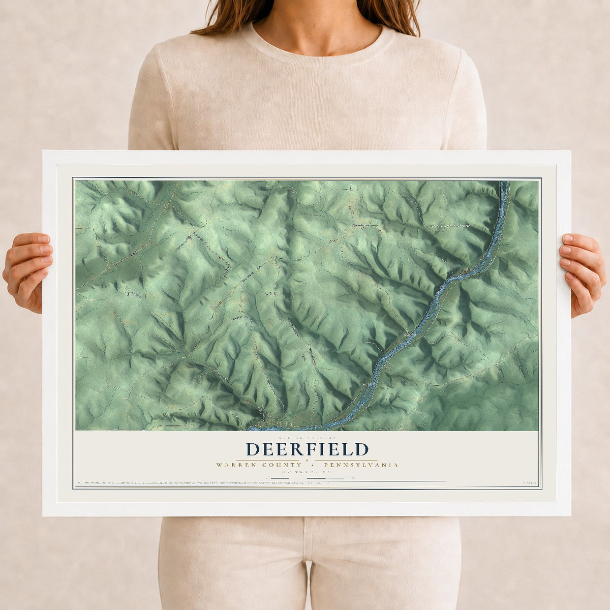 Map of Deerfield, Warren County, Pennsylvania, 12 x 18 inch print in a white wood frame