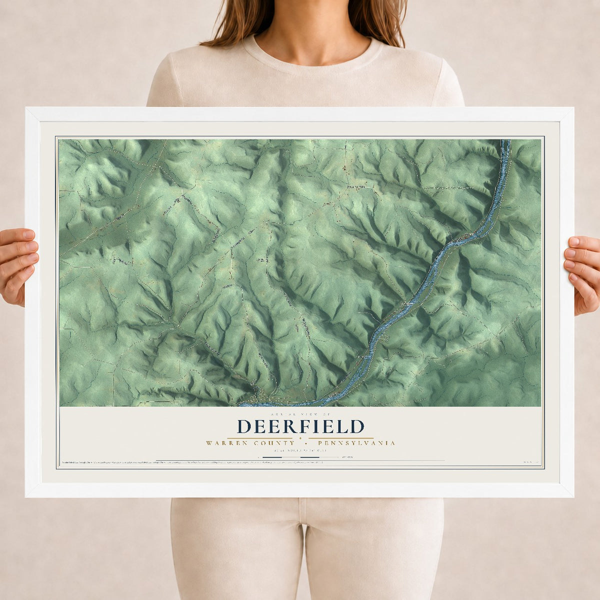 Map of Deerfield, Warren County, Pennsylvania, 18 x 24 inch print in a white wood frame
