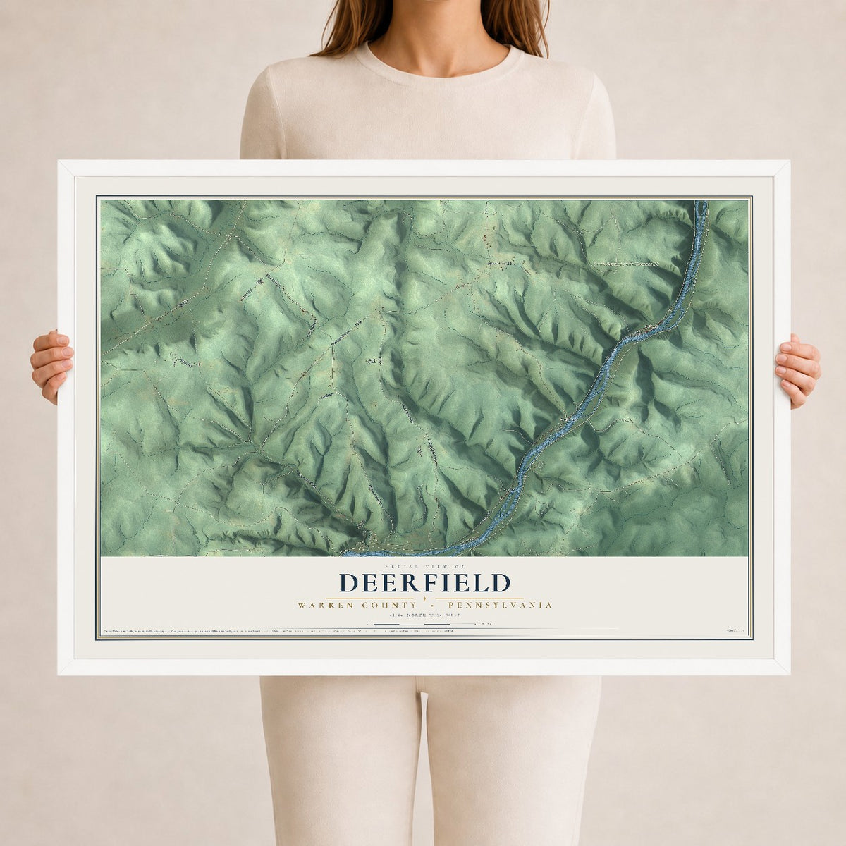 Map of Deerfield, Warren County, Pennsylvania, 24 x 36 inch print in a white wood frame