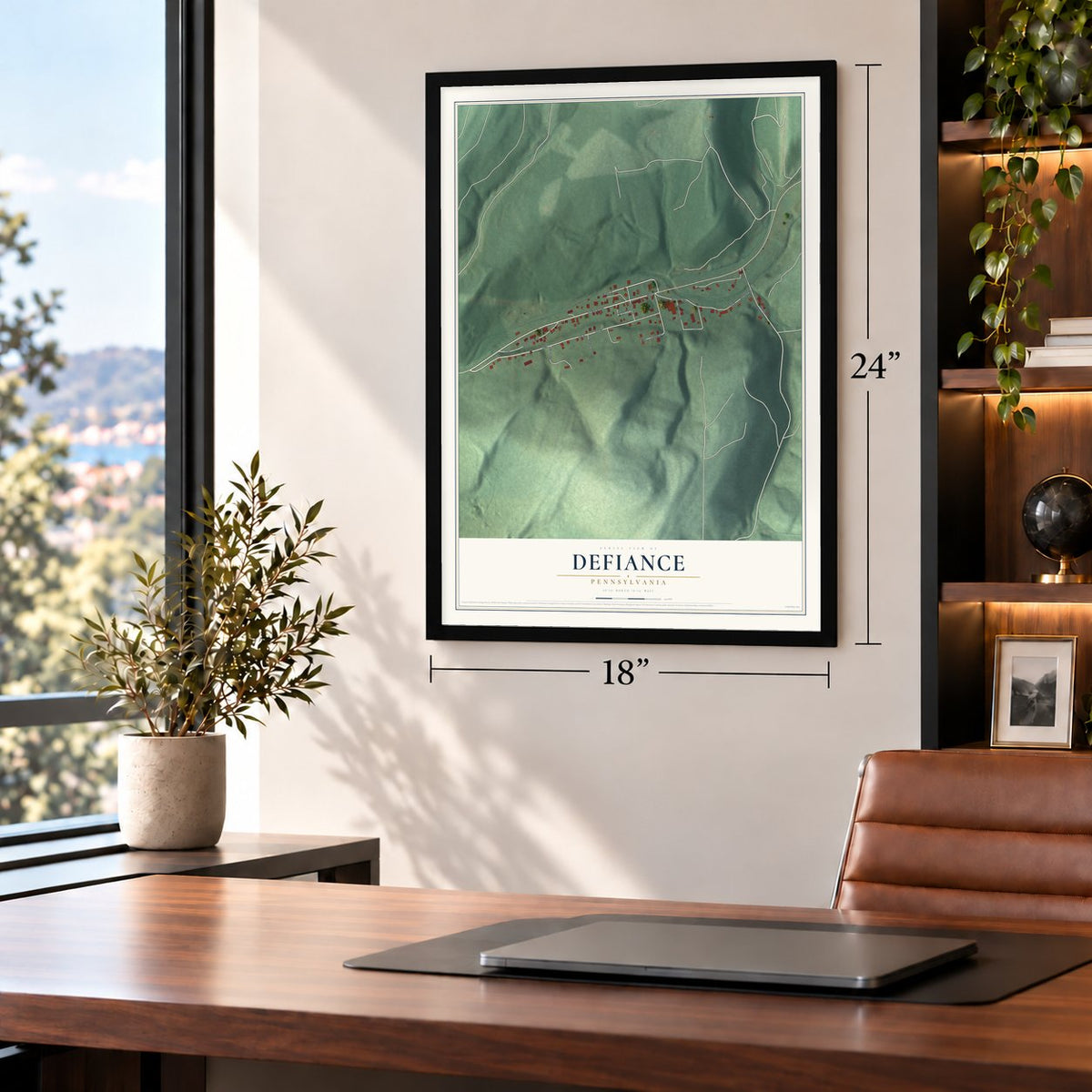 Defiance, Pennsylvania map, 18 x 24 inch print in a black frame in a home office