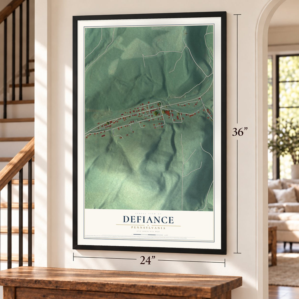 Defiance, Pennsylvania map, 24 x 36 inch print in a black frame by a staircase