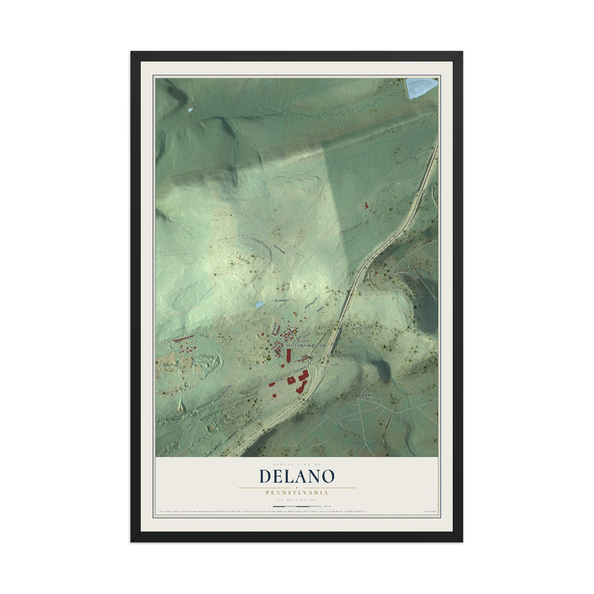 Map of Delano, Pennsylvania, 12 x 18 inch print in a black wood frame