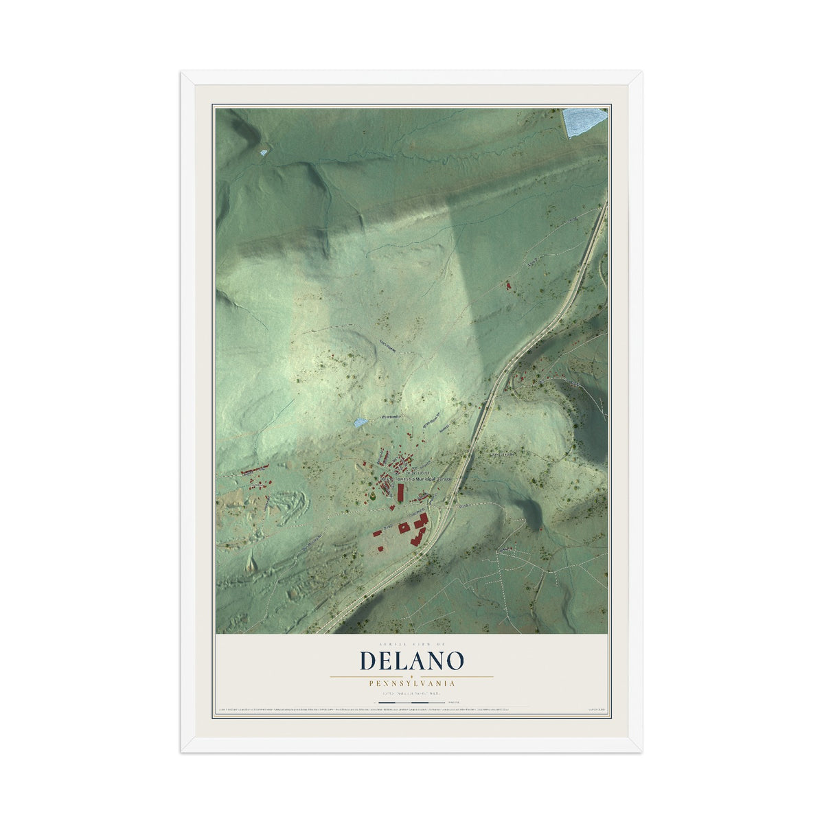 Map of Delano, Pennsylvania, 12 x 18 inch print in a white wood frame