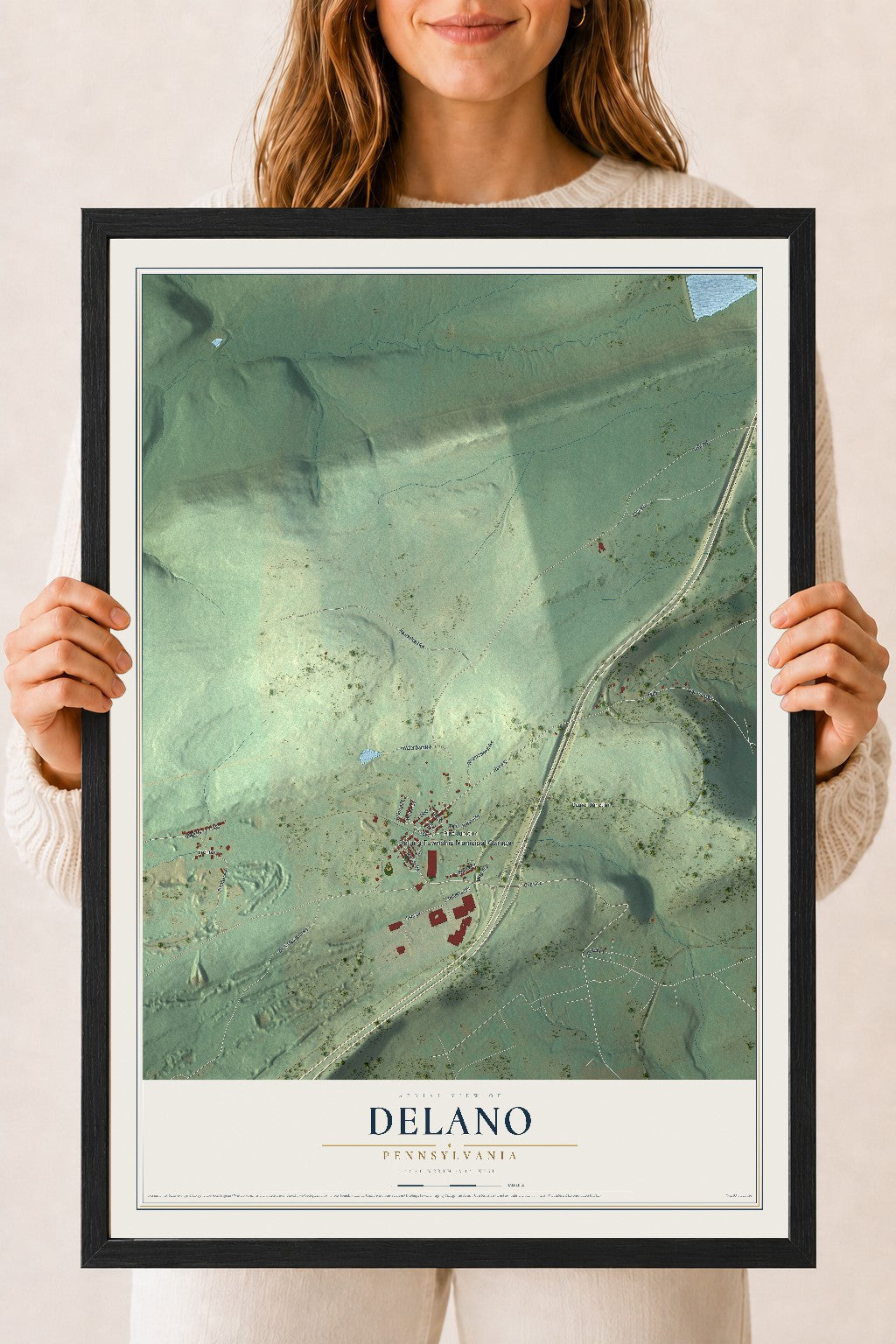 Map of Delano, Pennsylvania, 18 x 24 inch print in a black wood frame