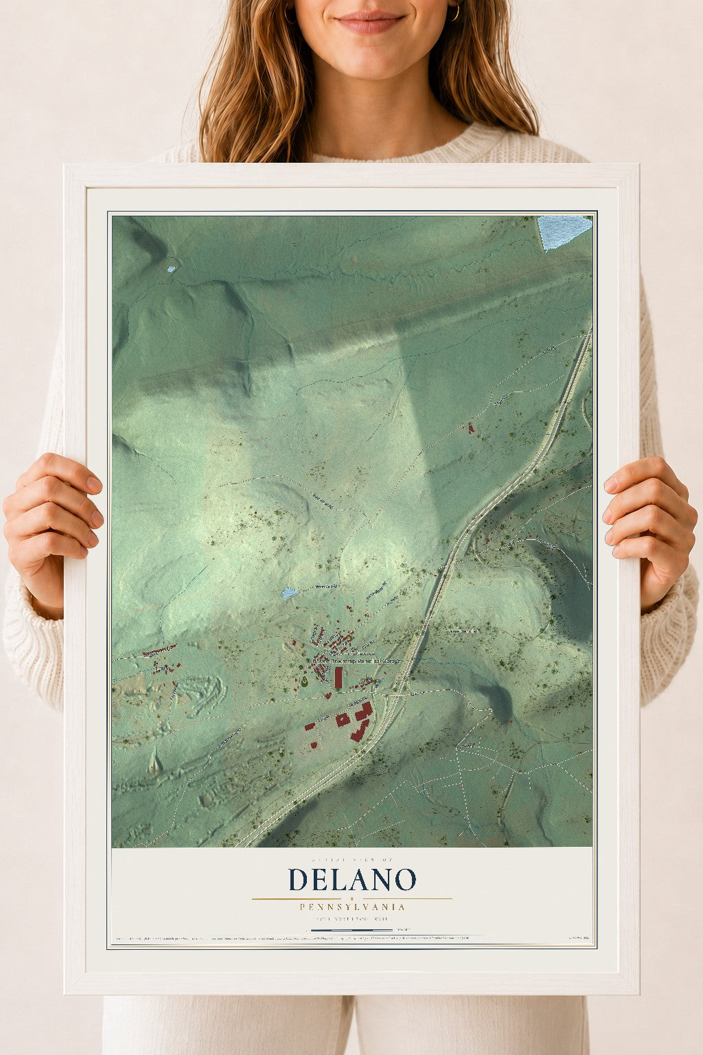 Map of Delano, Pennsylvania, 18 x 24 inch print in a white wood frame