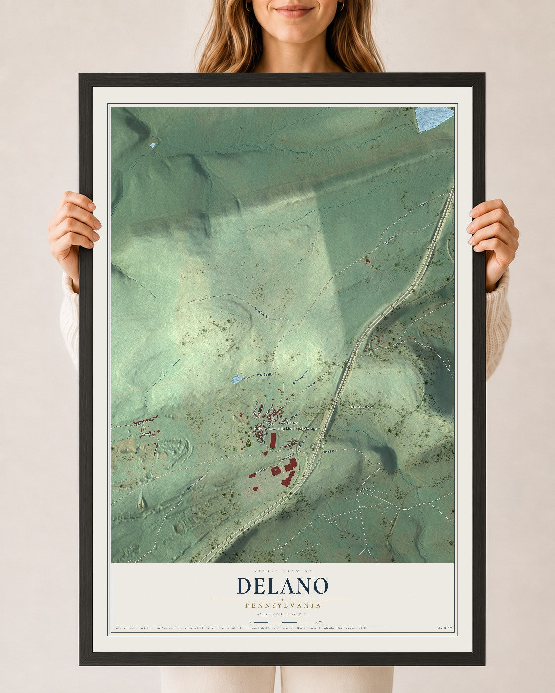 Map of Delano, Pennsylvania, 24 x 36 inch print in a black wood frame