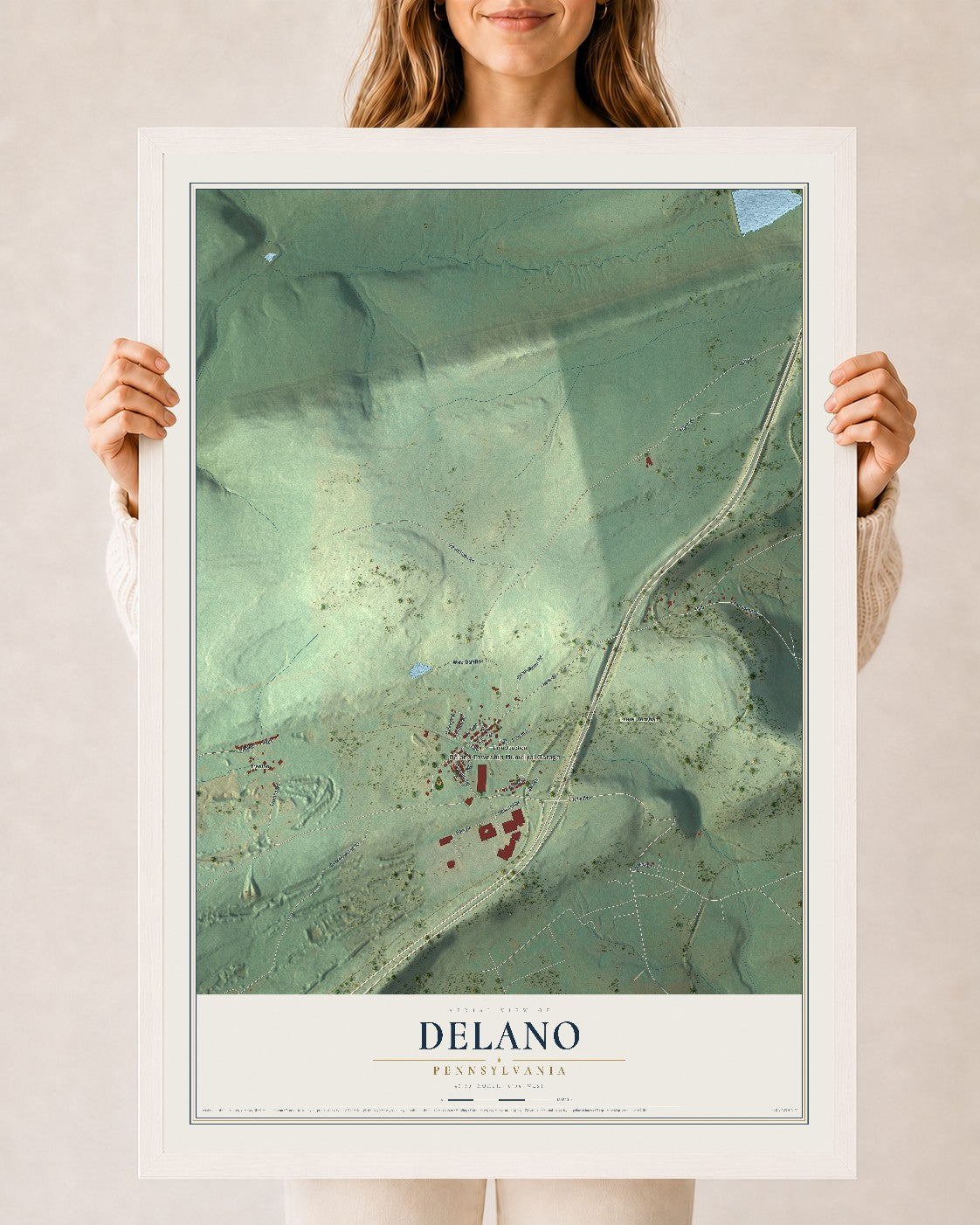 Map of Delano, Pennsylvania, 24 x 36 inch print in a white wood frame