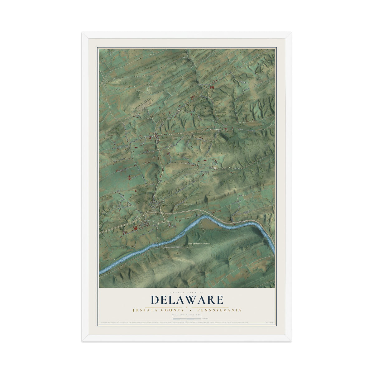 Map of Delaware, Juniata County, Pennsylvania, 12 x 18 inch print in a white wood frame