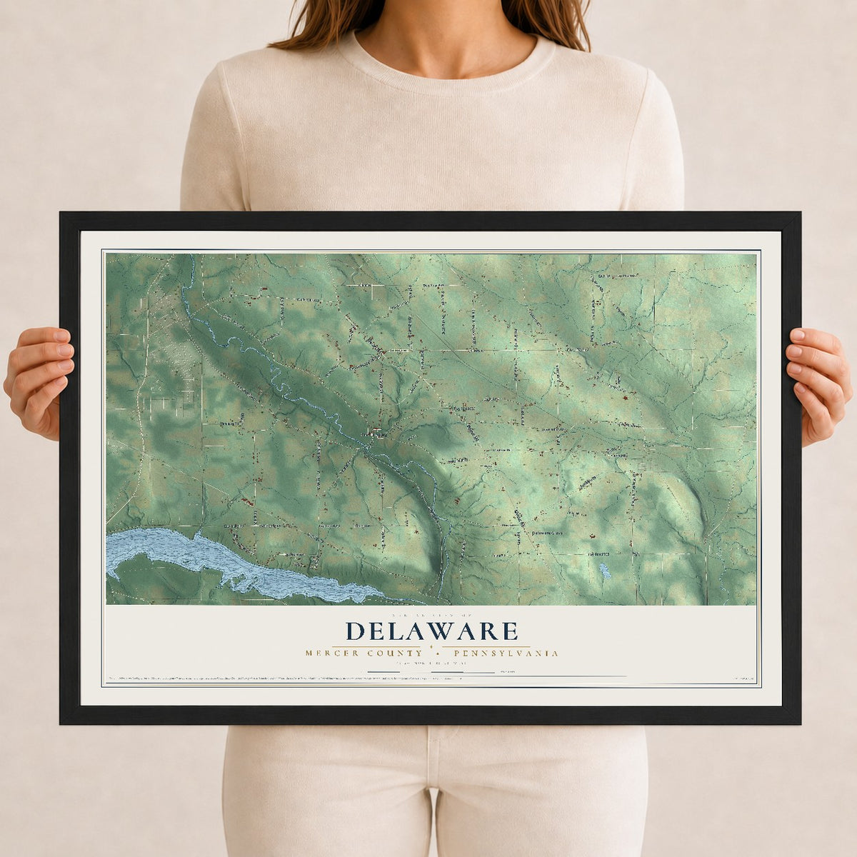 Map of Delaware, Mercer County, Pennsylvania, 12 x 18 inch print in a black wood frame