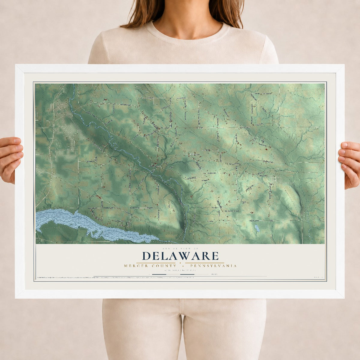 Map of Delaware, Mercer County, Pennsylvania, 18 x 24 inch print in a white wood frame
