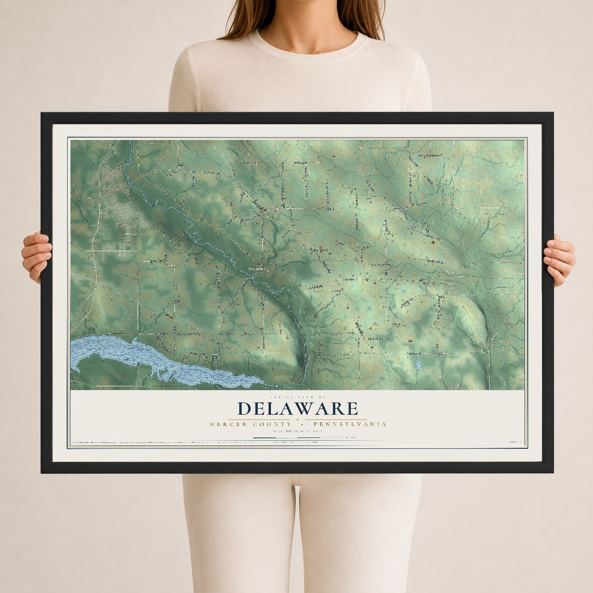 Map of Delaware, Mercer County, Pennsylvania, 24 x 36 inch print in a black wood frame