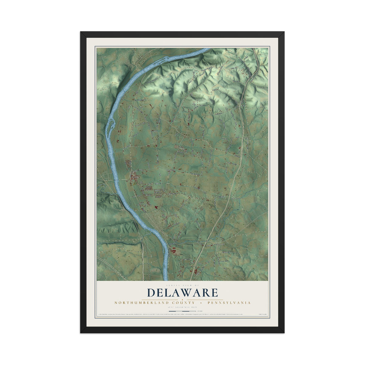 Map of Delaware, Northumberland County, Pennsylvania, 12 x 18 inch print in a black wood frame