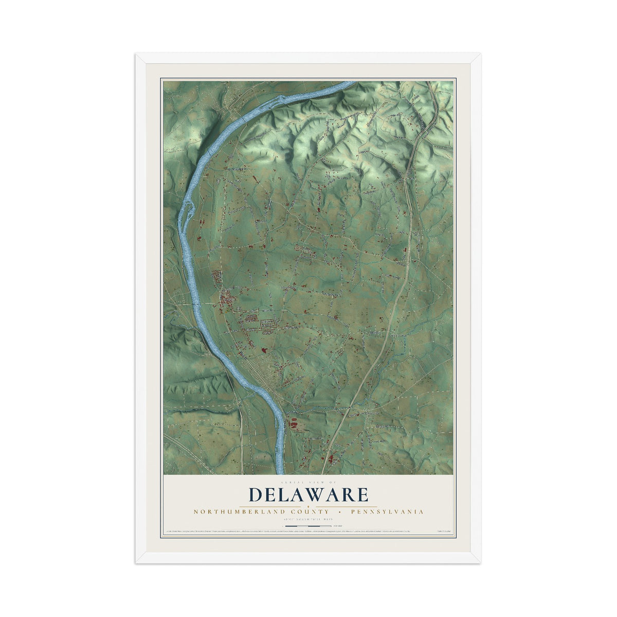 Map of Delaware, Northumberland County, Pennsylvania, 12 x 18 inch print in a white wood frame