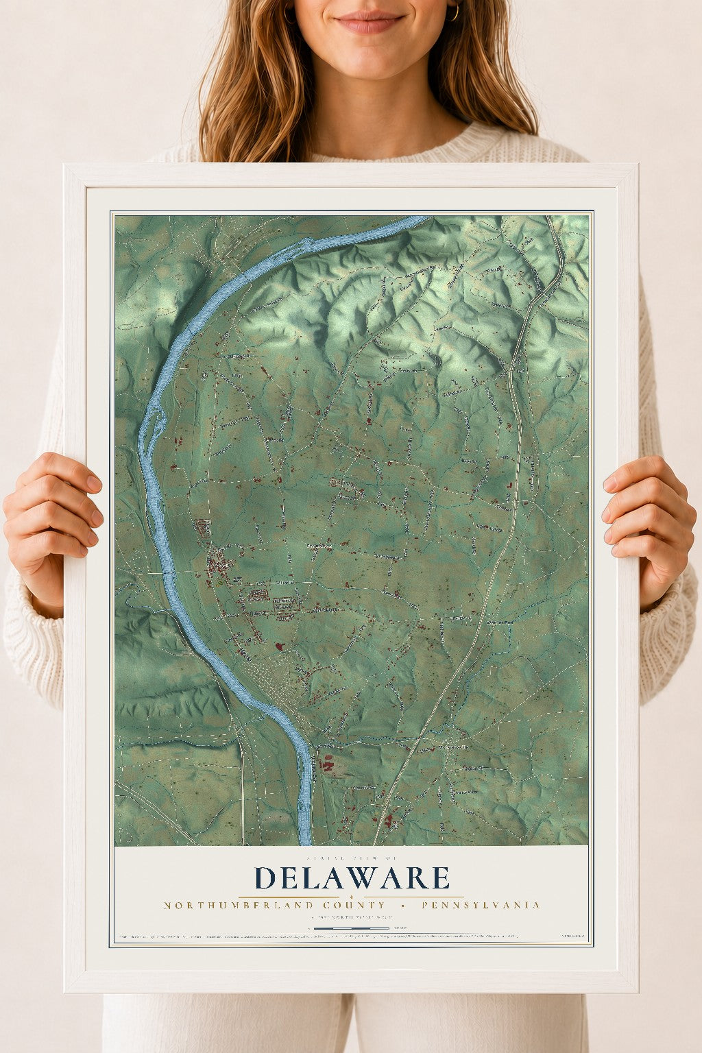 Map of Delaware, Northumberland County, Pennsylvania, 18 x 24 inch print in a white wood frame