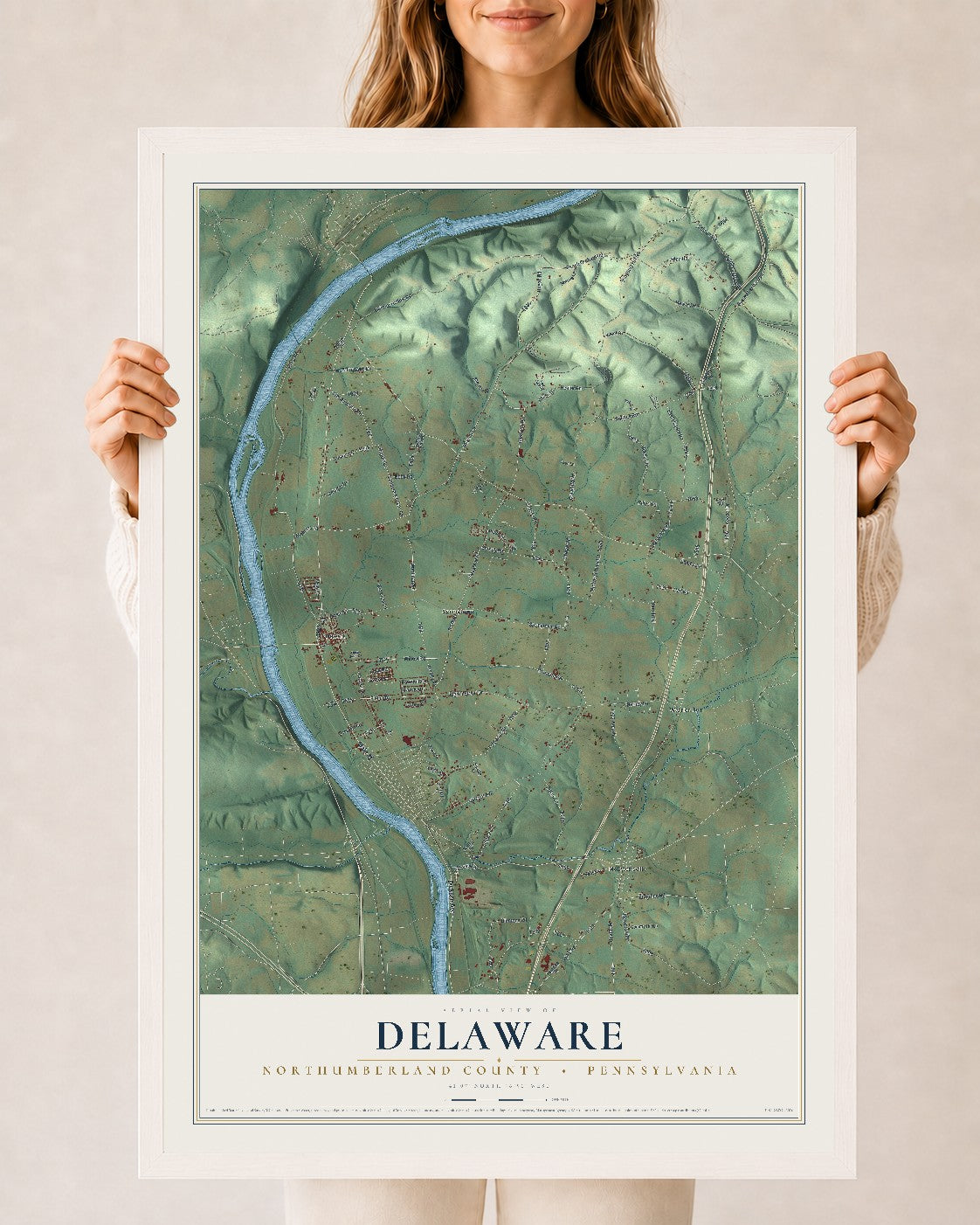 Map of Delaware, Northumberland County, Pennsylvania, 24 x 36 inch print in a white wood frame
