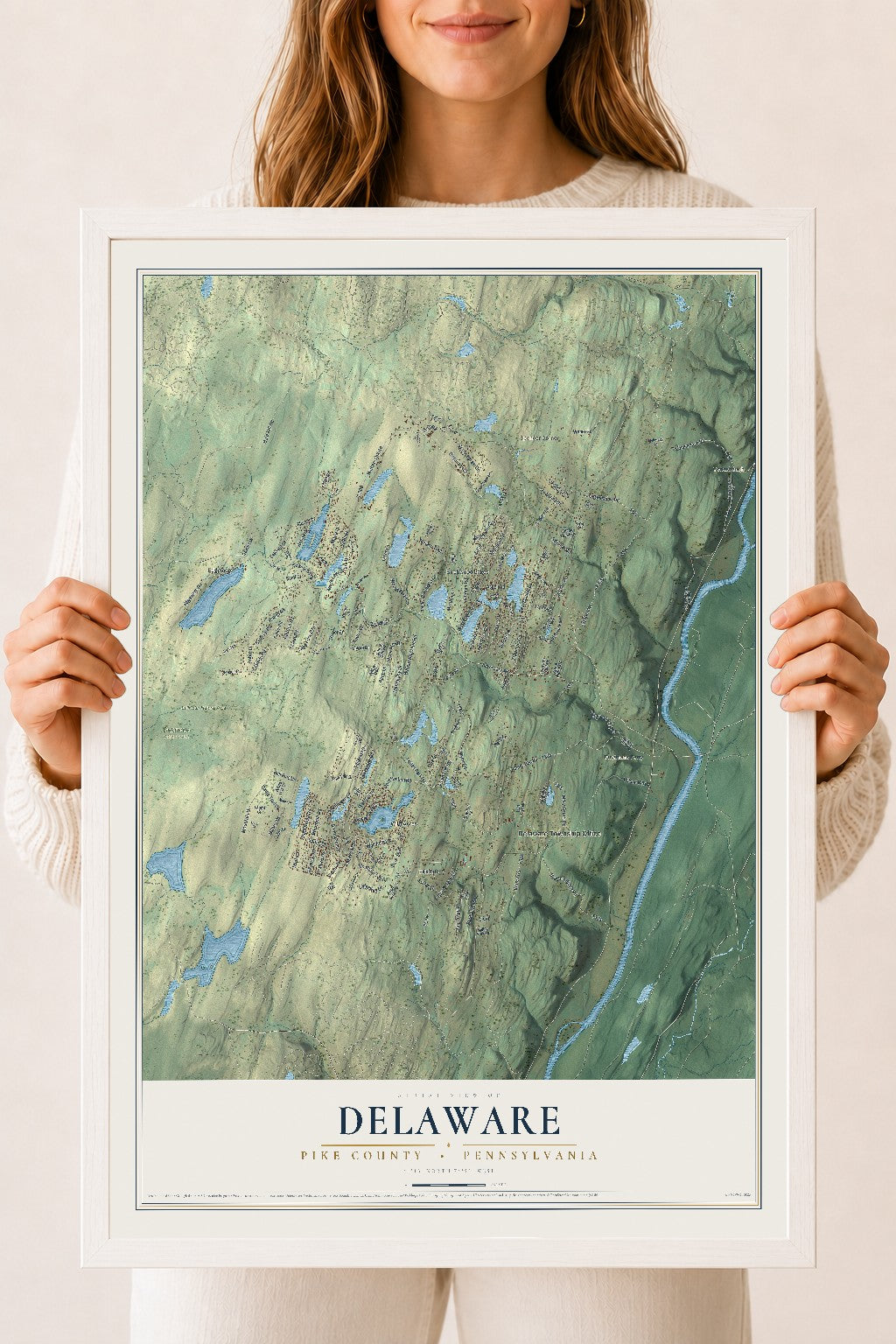 Map of Delaware, Pike County, Pennsylvania, 18 x 24 inch print in a white wood frame