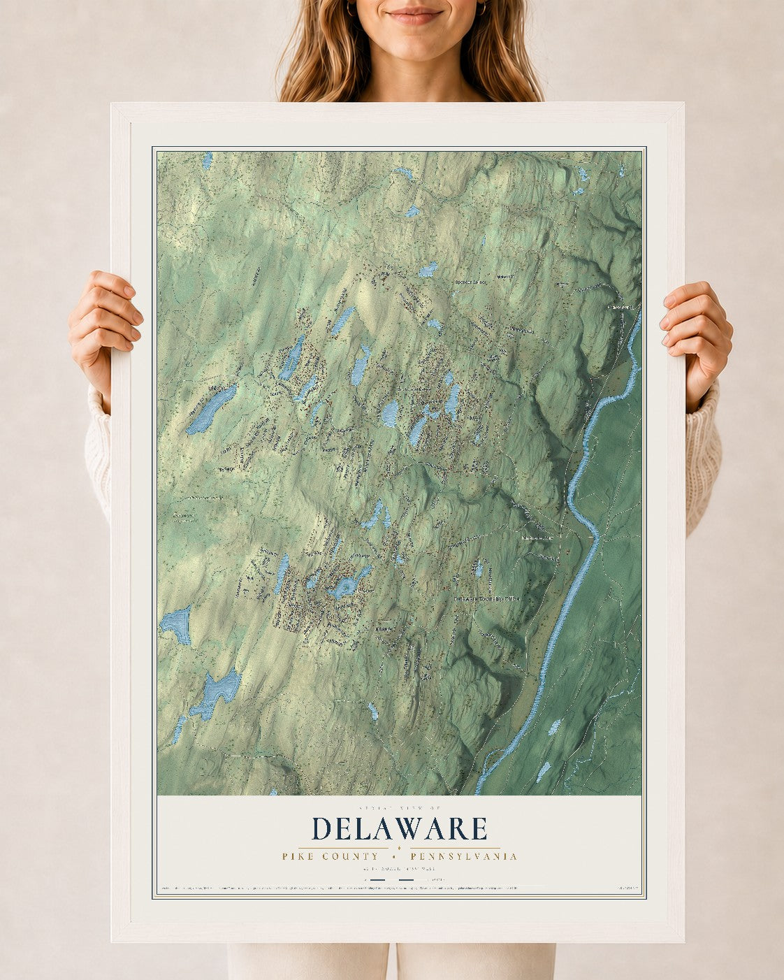 Map of Delaware, Pike County, Pennsylvania, 24 x 36 inch print in a white wood frame