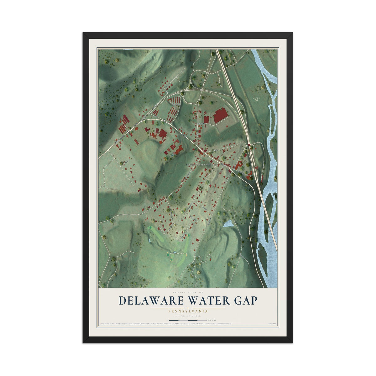 Map of Delaware Water Gap, Pennsylvania, 12 x 18 inch print in a black wood frame