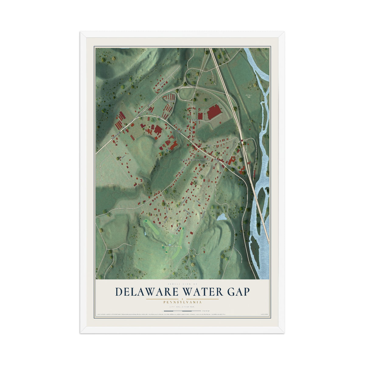 Map of Delaware Water Gap, Pennsylvania, 12 x 18 inch print in a white wood frame