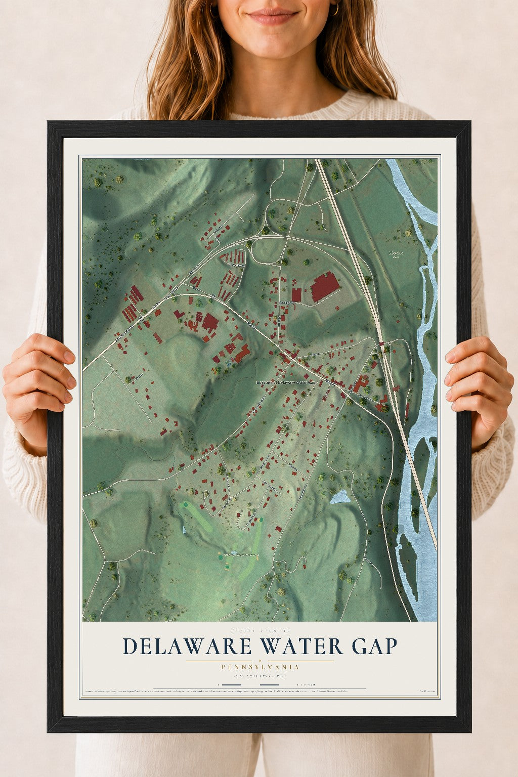Map of Delaware Water Gap, Pennsylvania, 18 x 24 inch print in a black wood frame