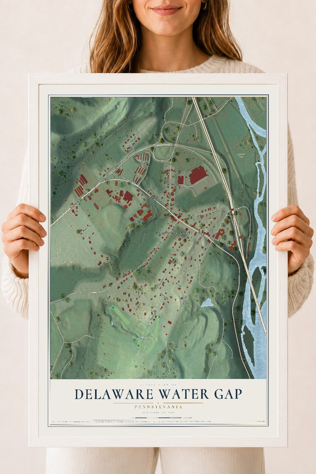 Map of Delaware Water Gap, Pennsylvania, 18 x 24 inch print in a white wood frame