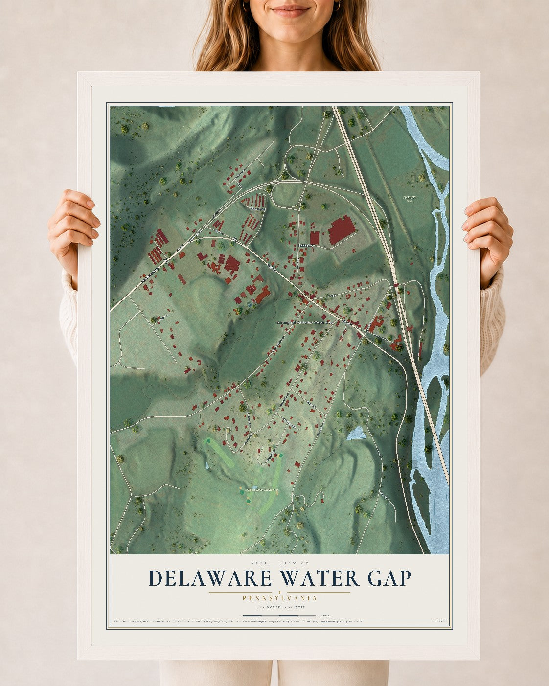 Map of Delaware Water Gap, Pennsylvania, 24 x 36 inch print in a white wood frame