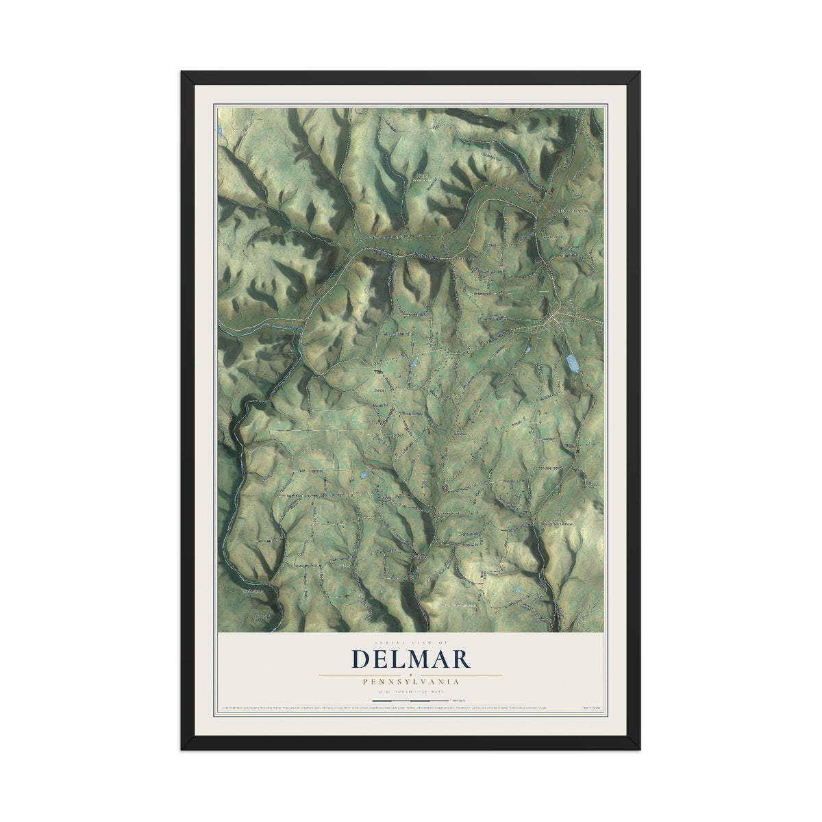 Map of Delmar, Pennsylvania, 12 x 18 inch print in a black wood frame