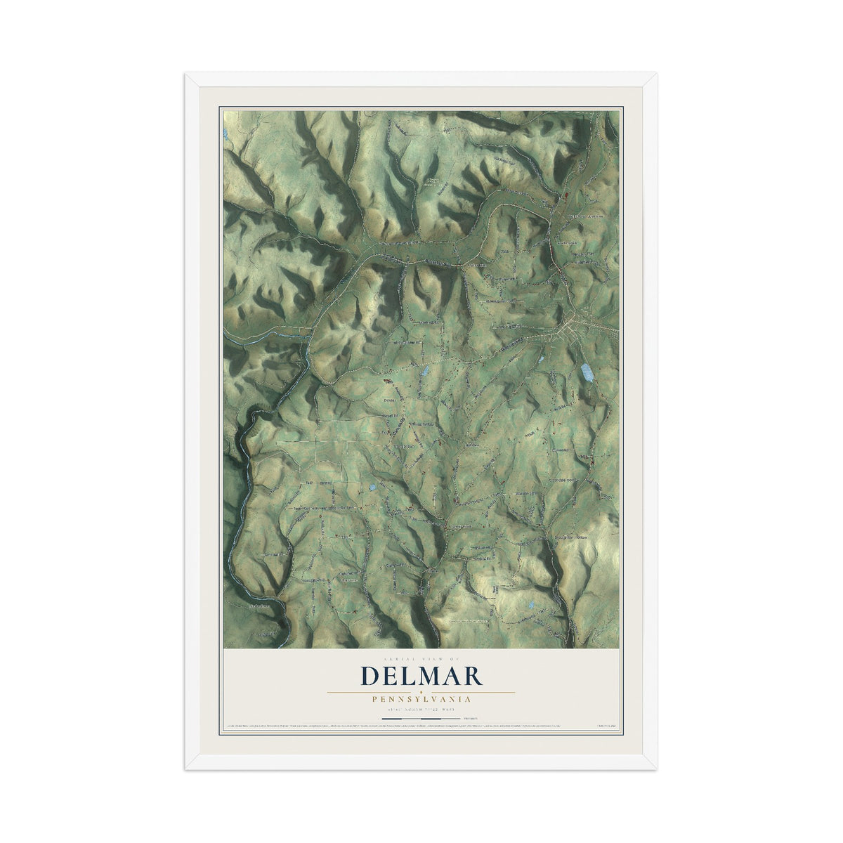 Map of Delmar, Pennsylvania, 12 x 18 inch print in a white wood frame