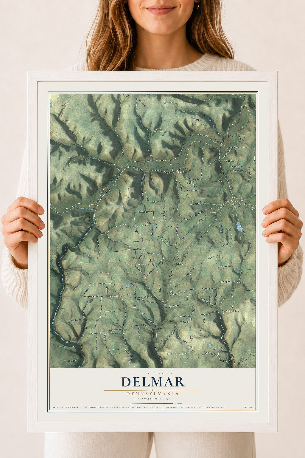 Map of Delmar, Pennsylvania, 18 x 24 inch print in a white wood frame