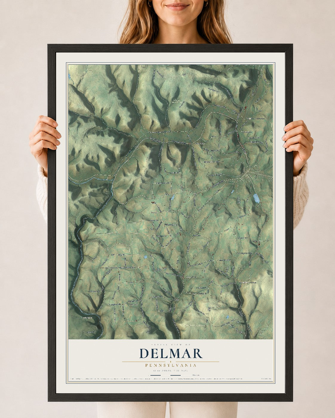 Map of Delmar, Pennsylvania, 24 x 36 inch print in a black wood frame