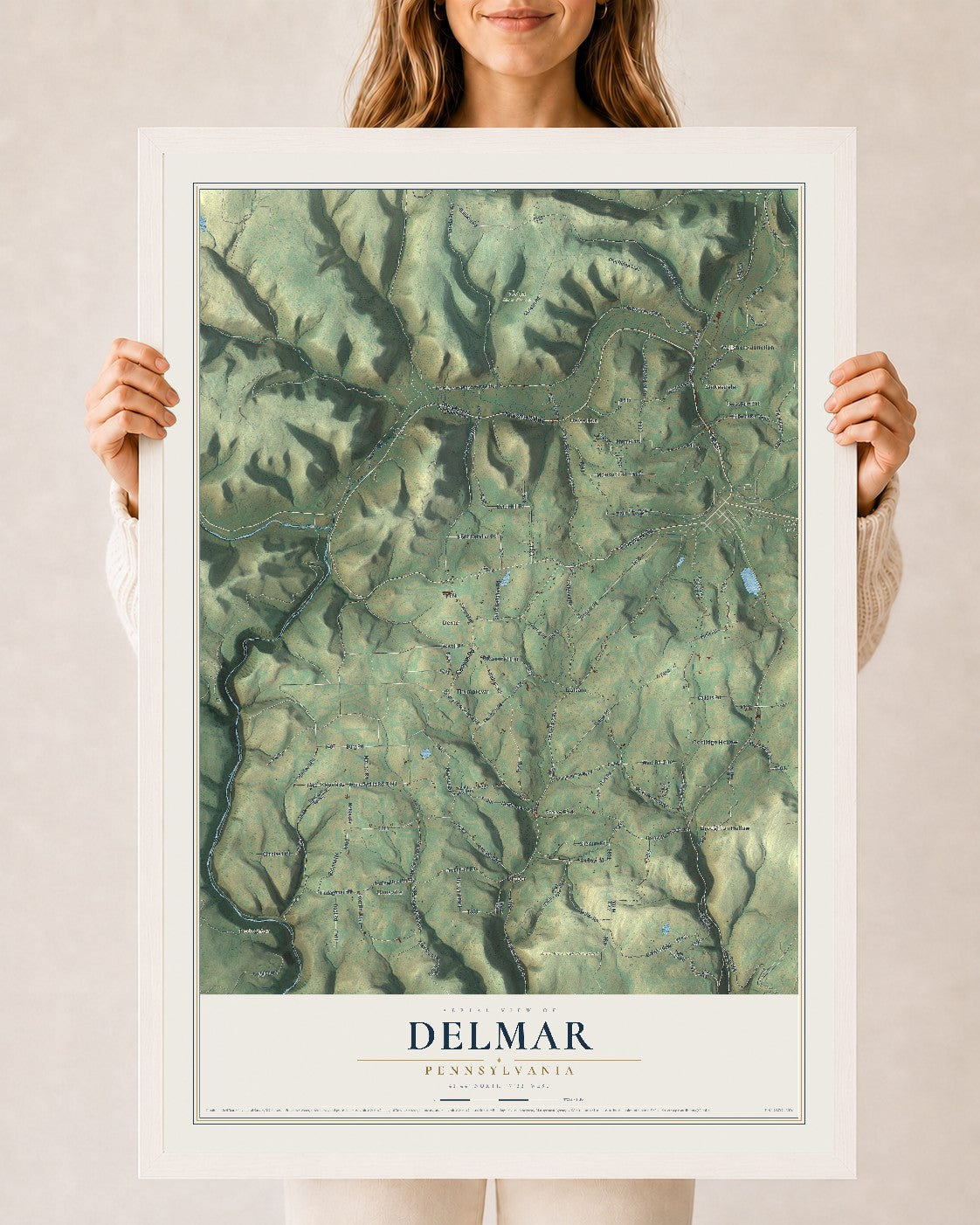 Map of Delmar, Pennsylvania, 24 x 36 inch print in a white wood frame