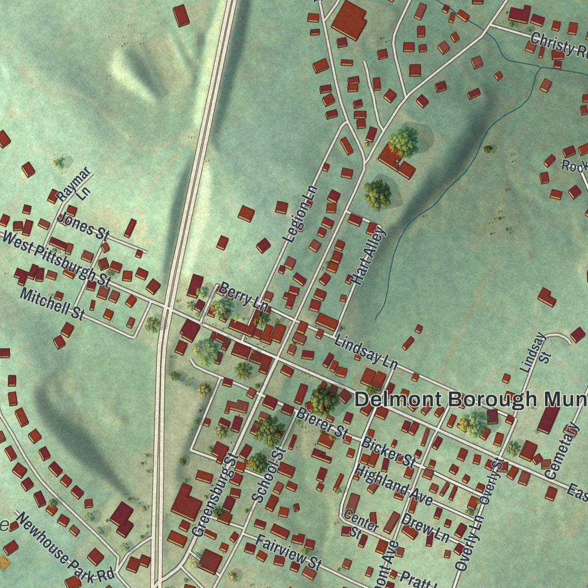 Close-up of the map of Delmont, Pennsylvania print showing street and building detail