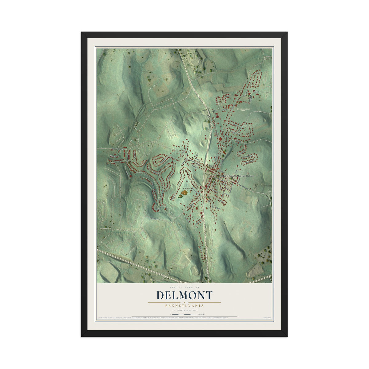 Map of Delmont, Pennsylvania, 12 x 18 inch print in a black wood frame