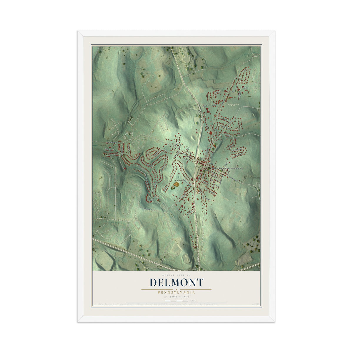 Map of Delmont, Pennsylvania, 12 x 18 inch print in a white wood frame
