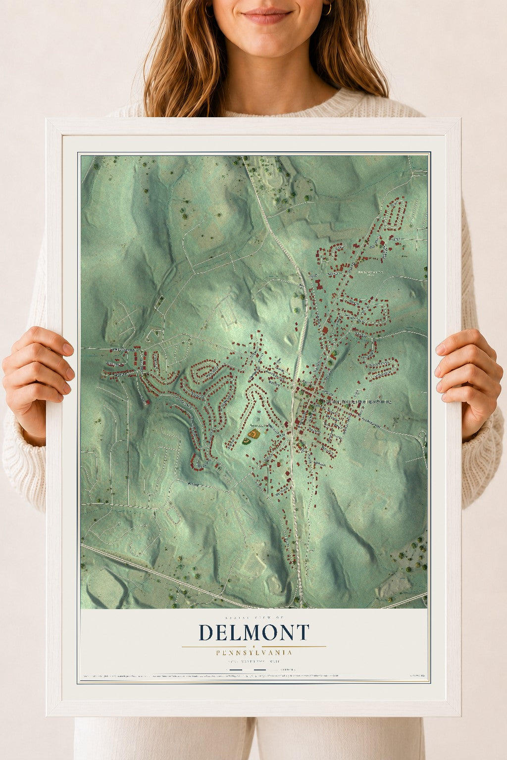 Map of Delmont, Pennsylvania, 18 x 24 inch print in a white wood frame