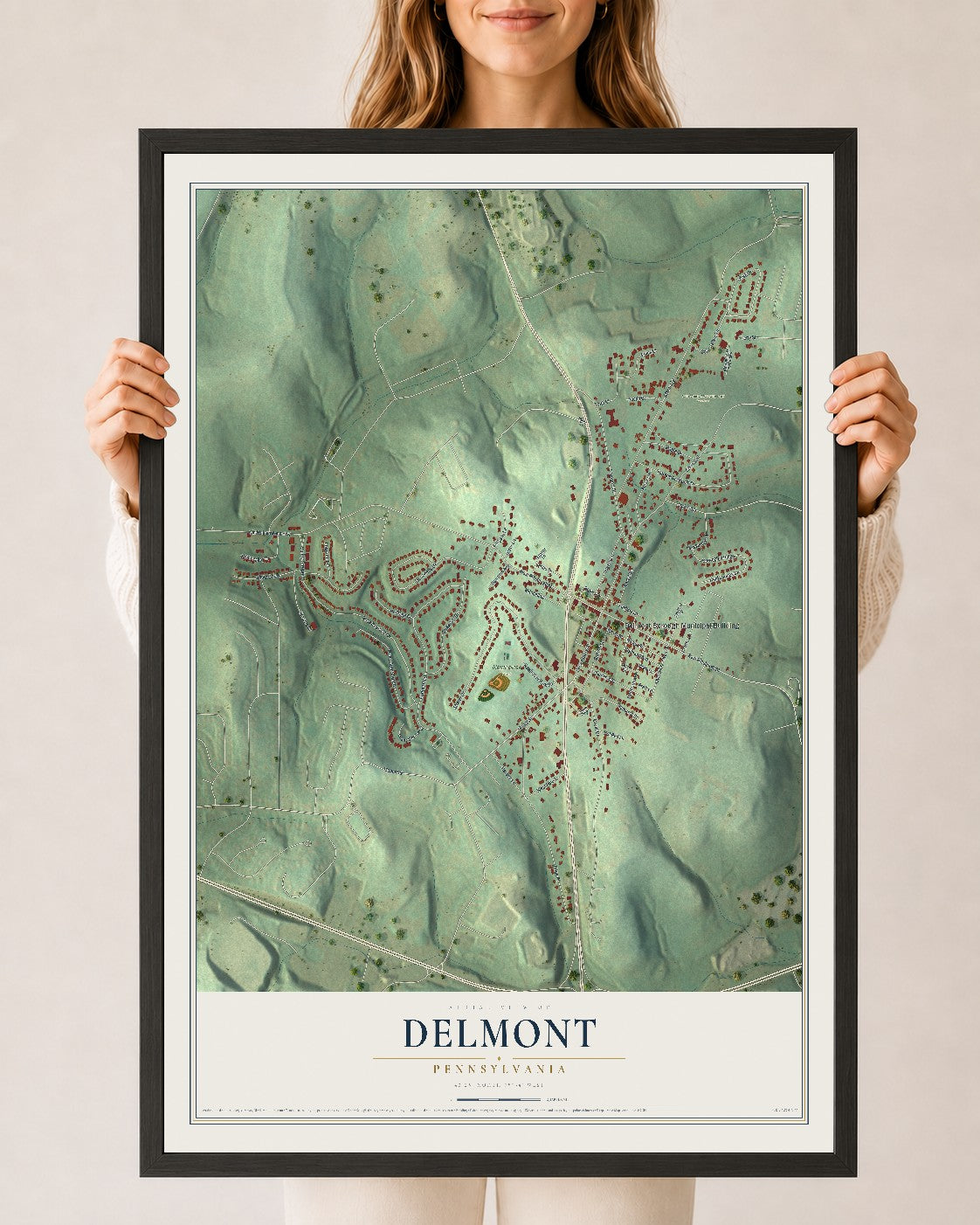 Map of Delmont, Pennsylvania, 24 x 36 inch print in a black wood frame