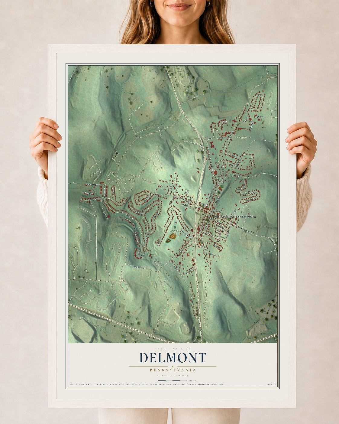 Map of Delmont, Pennsylvania, 24 x 36 inch print in a white wood frame