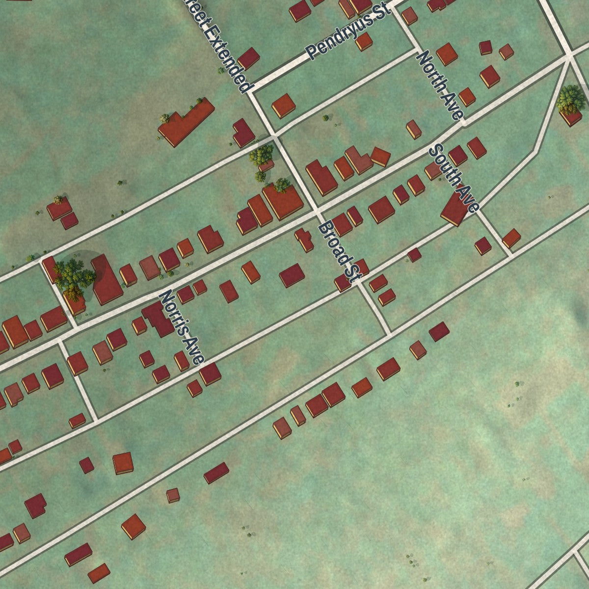 Close-up of the map of Delta, Pennsylvania print showing street and building detail