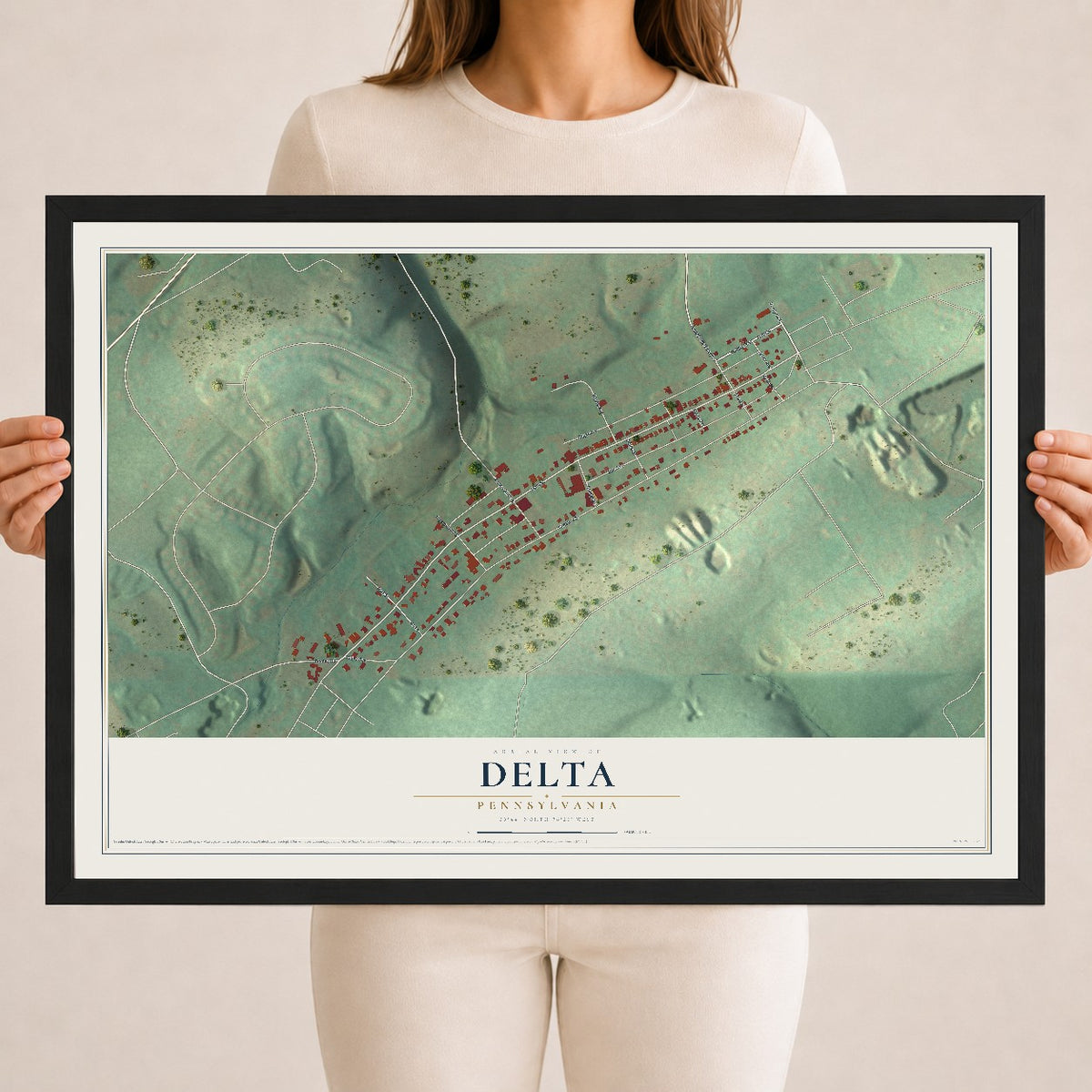 Map of Delta, Pennsylvania, 18 x 24 inch print in a black wood frame