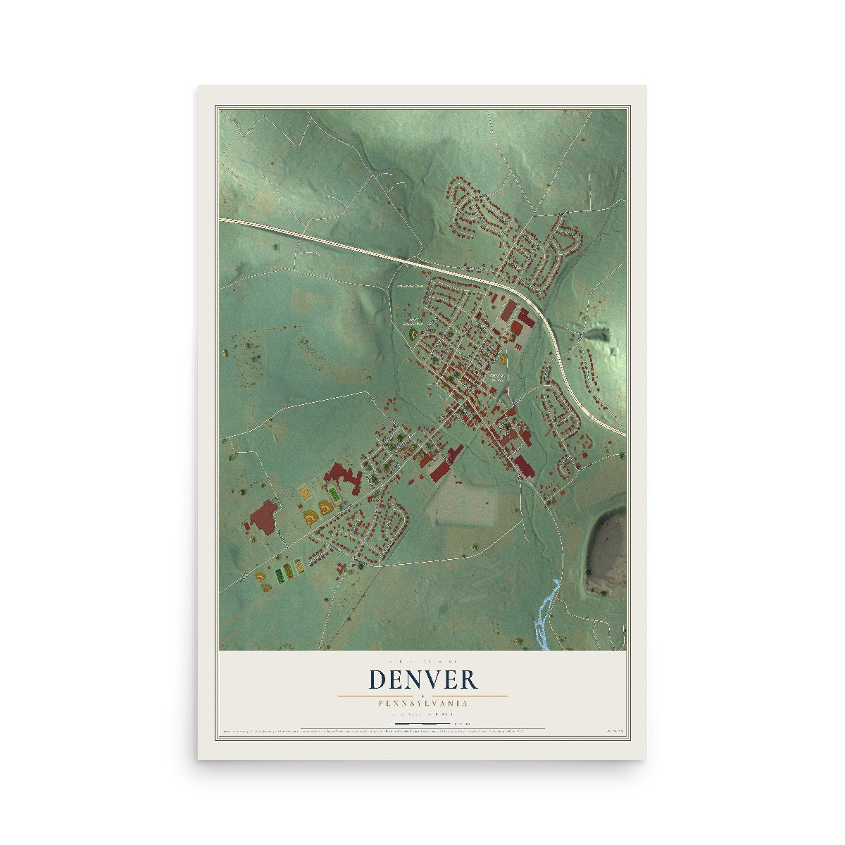 Map of Denver, Pennsylvania, 12 x 18 inch unframed archival matte print